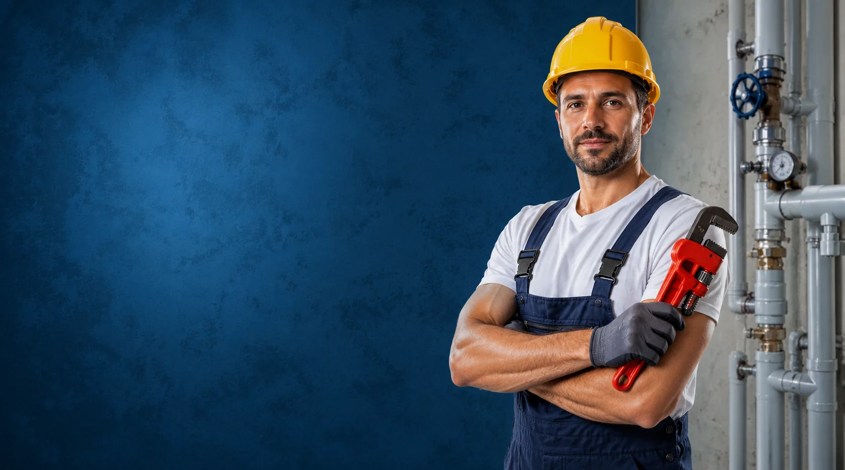 Plombier en casque et bleu de travail, clé serre-tube à la main